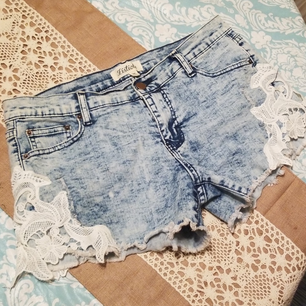 Boho CutOff Denim Shorts with Floral White lace